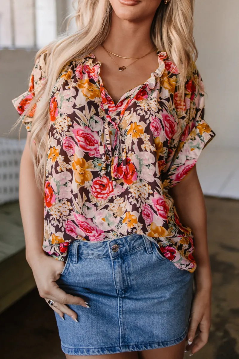 Floral Crew Neck Short Sleeve Blouse