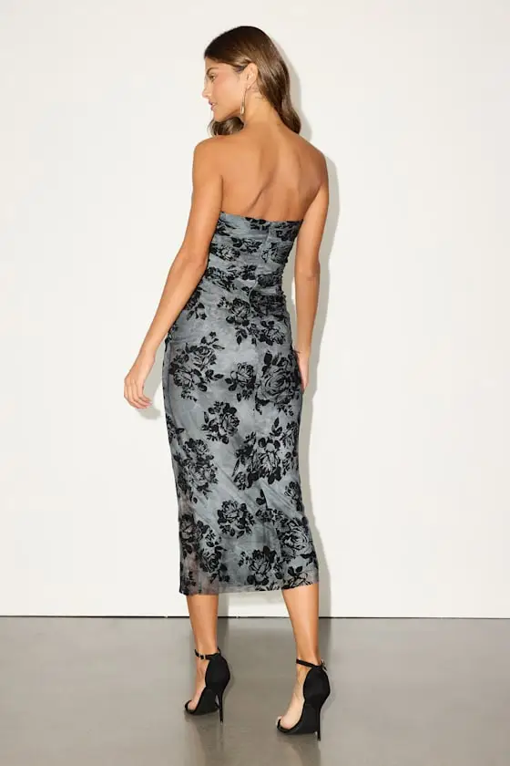 Armali Grey Abstract Floral Strapless Midi Dress