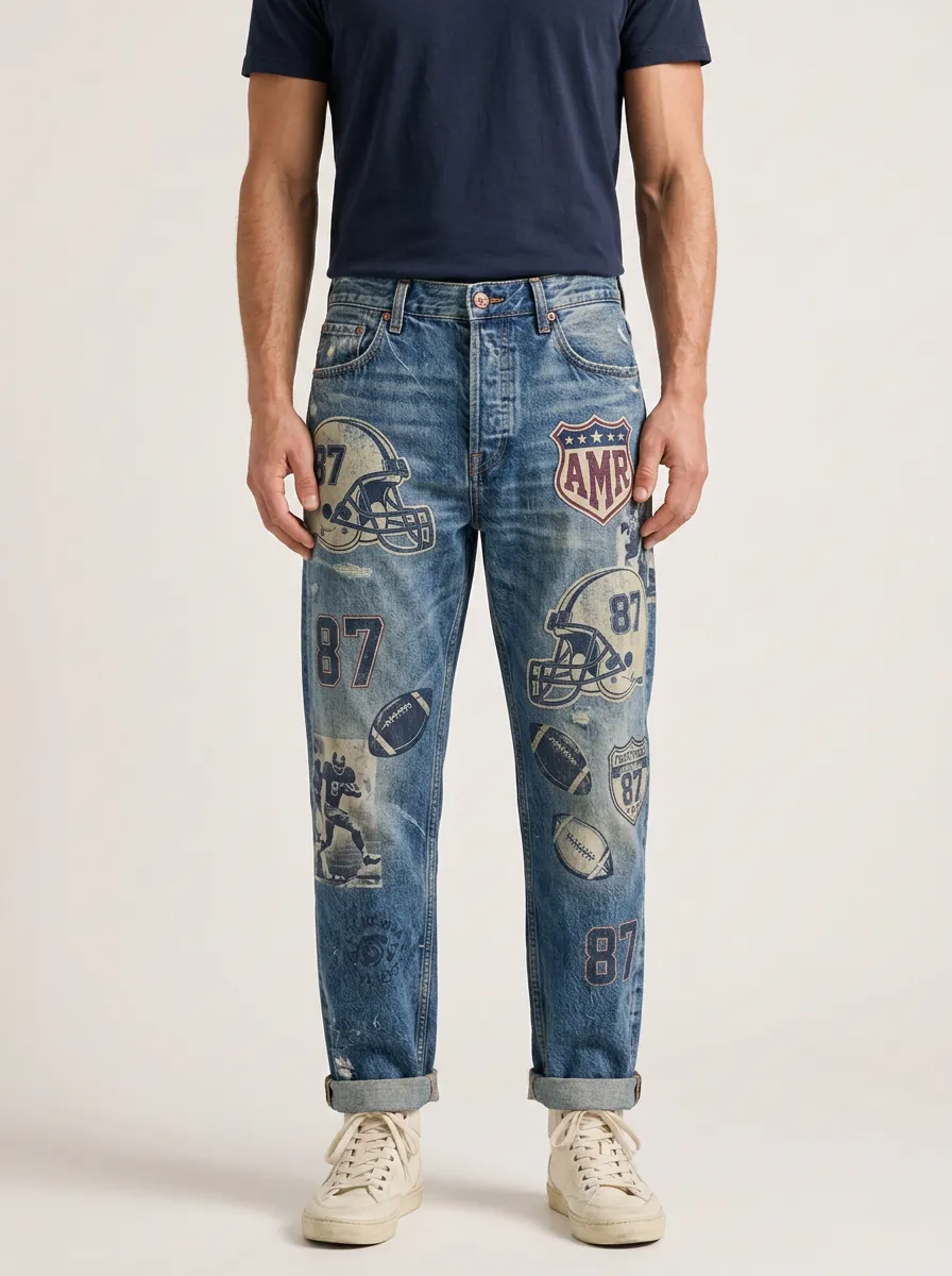 Men's American Football Fan Helmet Number 87 Printed Jeans