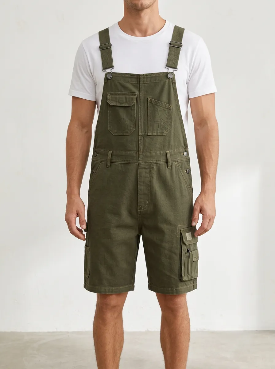 Men's Olive Green Cargo Utility Bib Overalls Shorts