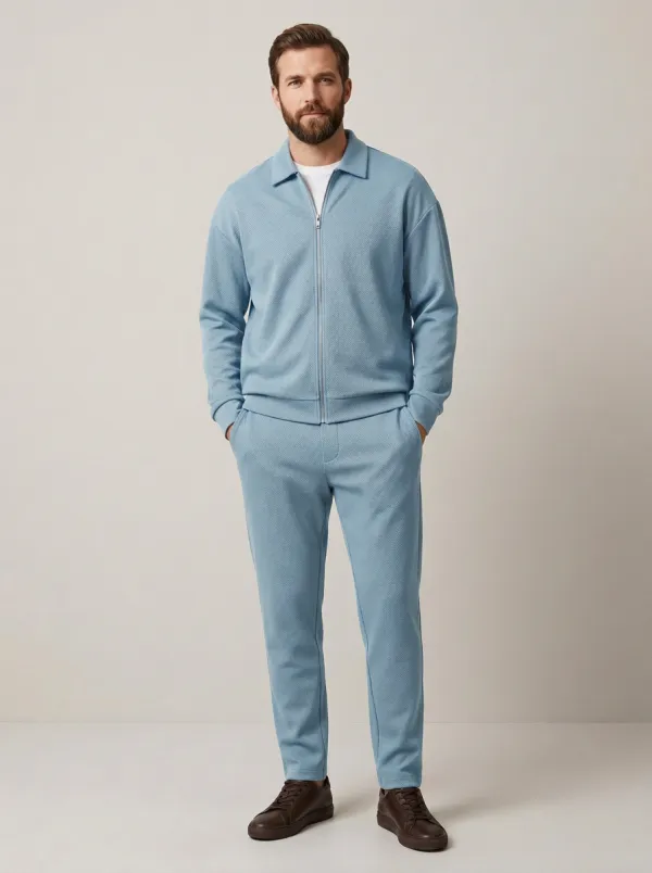 Men's Relaxed Textured Minimal Polo Collar Jacket and Jogger Pants Set