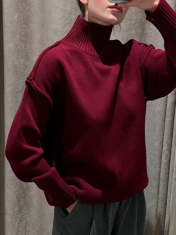 Paneled High Neck Long Sleeve Relaxed Fit Easy Fit Pullover Sweater