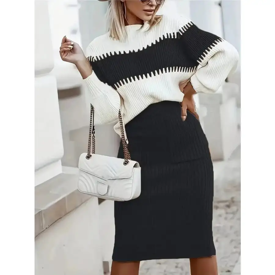Two Tone Ribbed Knit Top and Skirt Sweater Set