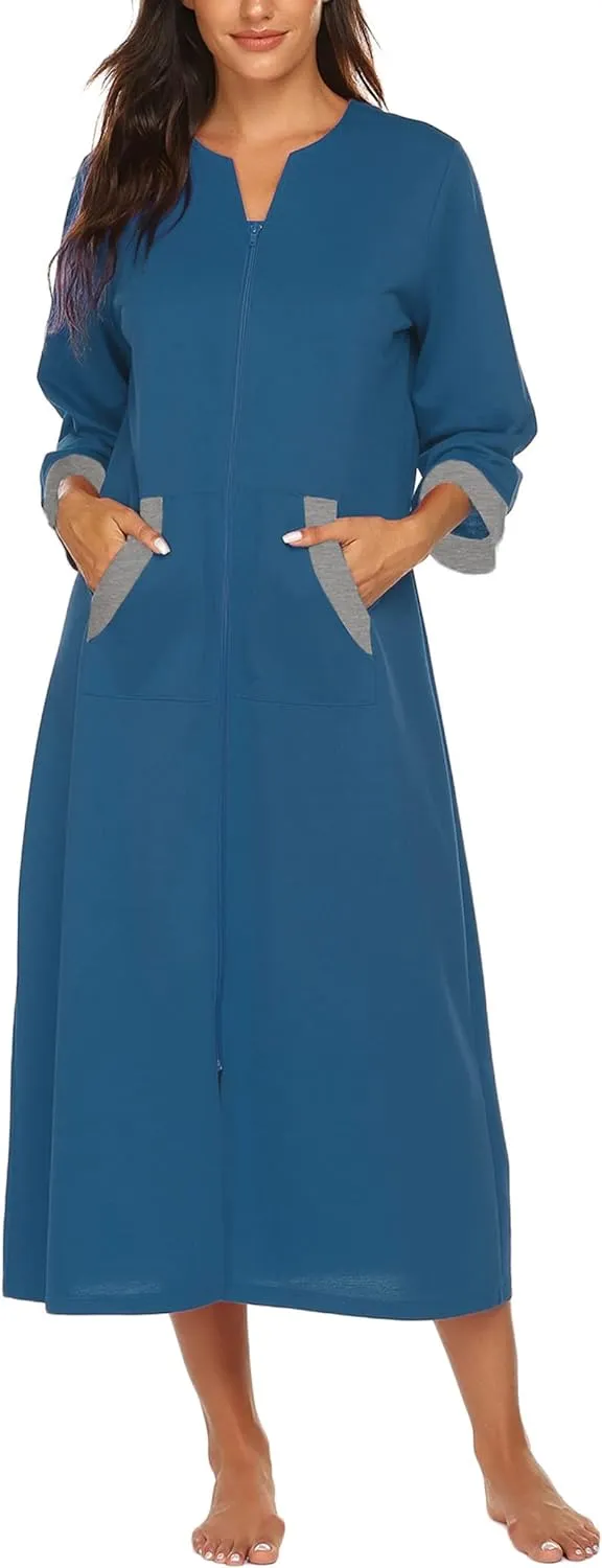 50% OFF Women Zipper Robe 3/4 Sleeves Loungewear Dress Full Length Sleepwear Pockets Housecoat Nightgown Long Bathrobe