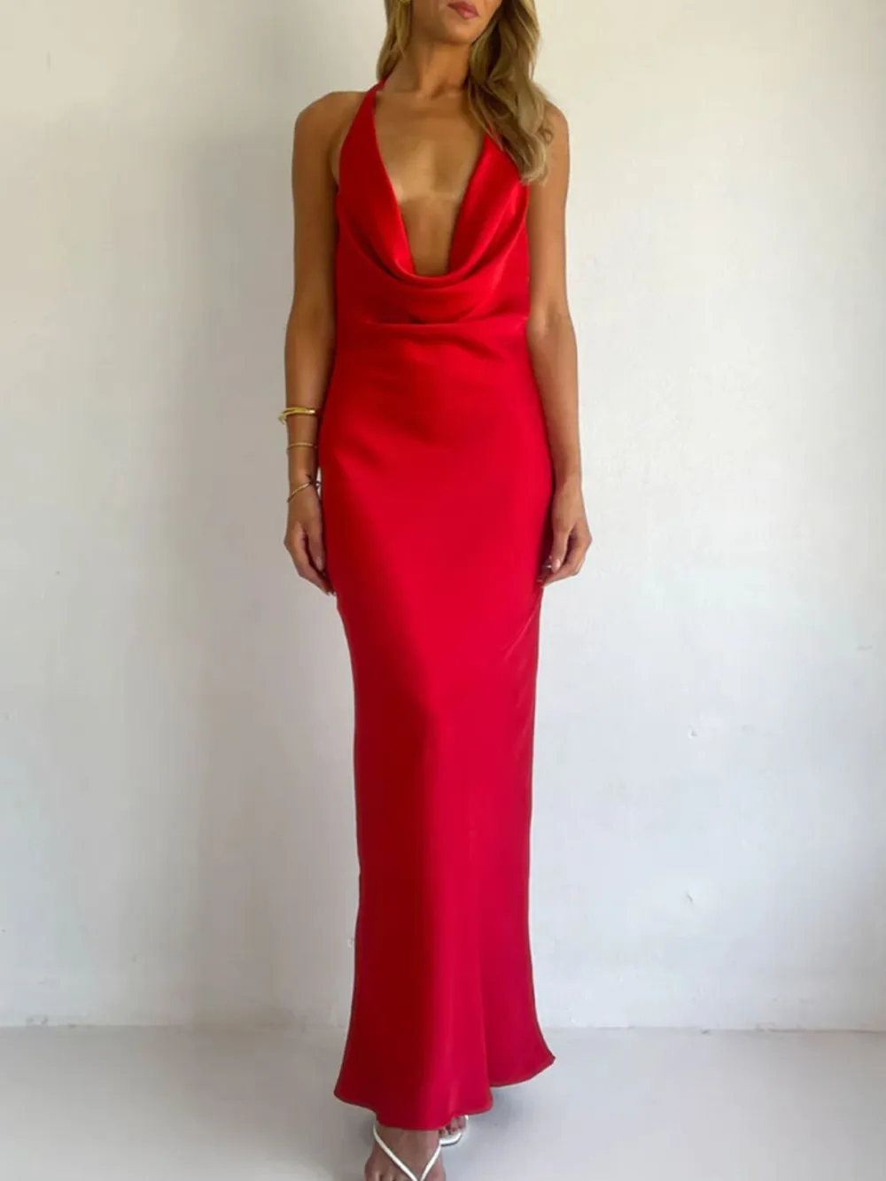 Gathered Detail Satin Maxi Dress