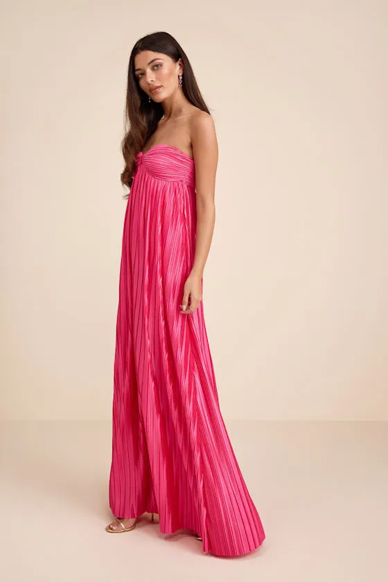 Whimsical Beauty Hot Pink Satin Plisse Strapless Maxi Dress