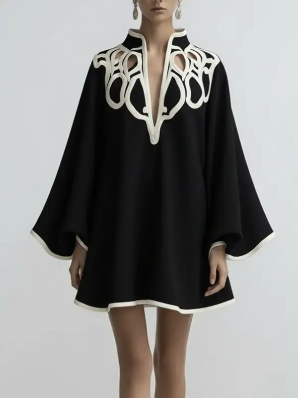Flared Sleeve Relaxed Contrast Color Hollow Stand Collar Mini Dress