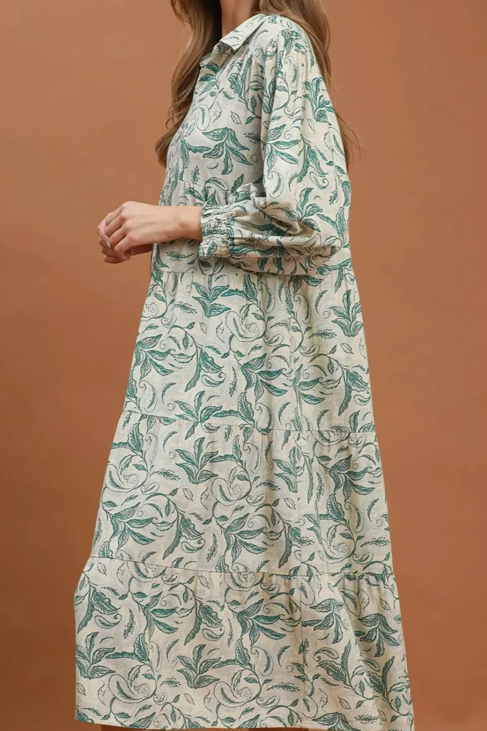 Linen Botanical Print Tiered Midi Dress