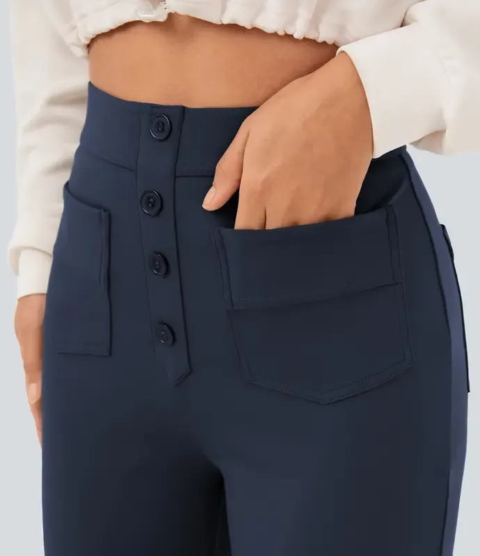 High Waisted Pockets Straight Leg Casual Pants
