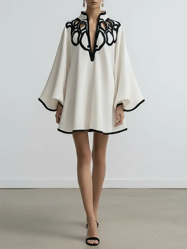 Flared Sleeve Relaxed Contrast Color Hollow Stand Collar Mini Dress