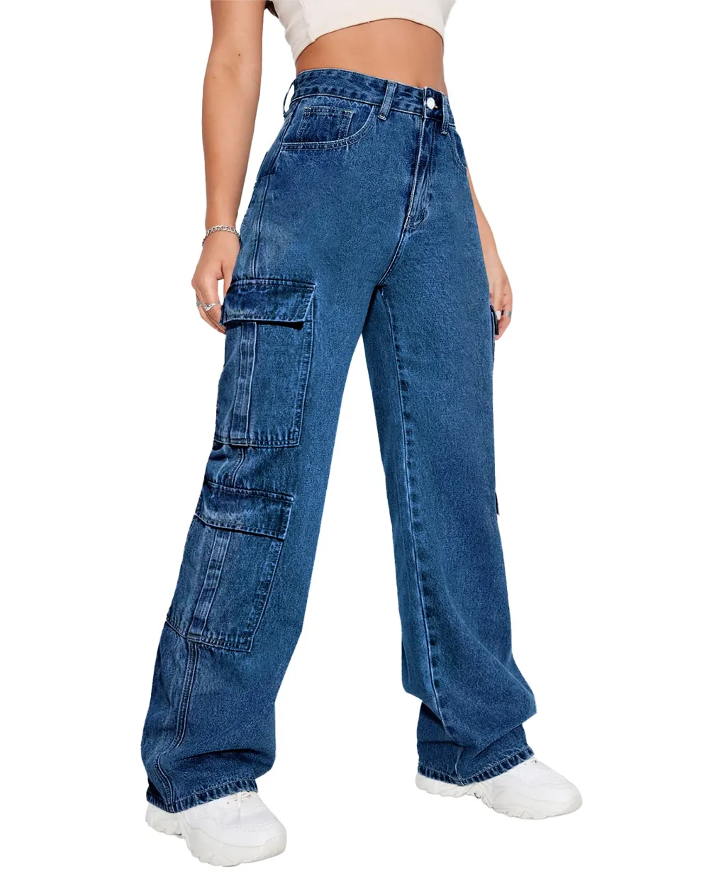 Women's Denim Cargo Jeans In Dark Blue