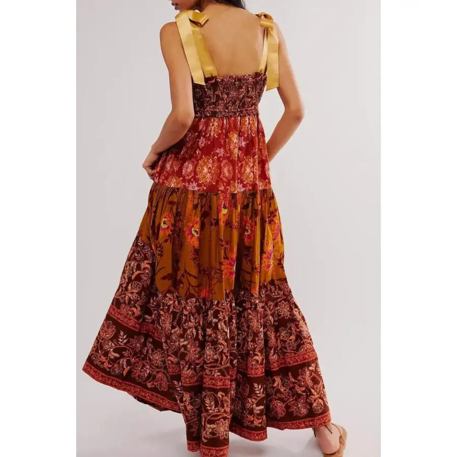 Floral Tiered Maxi Dress with Mixed Print Design