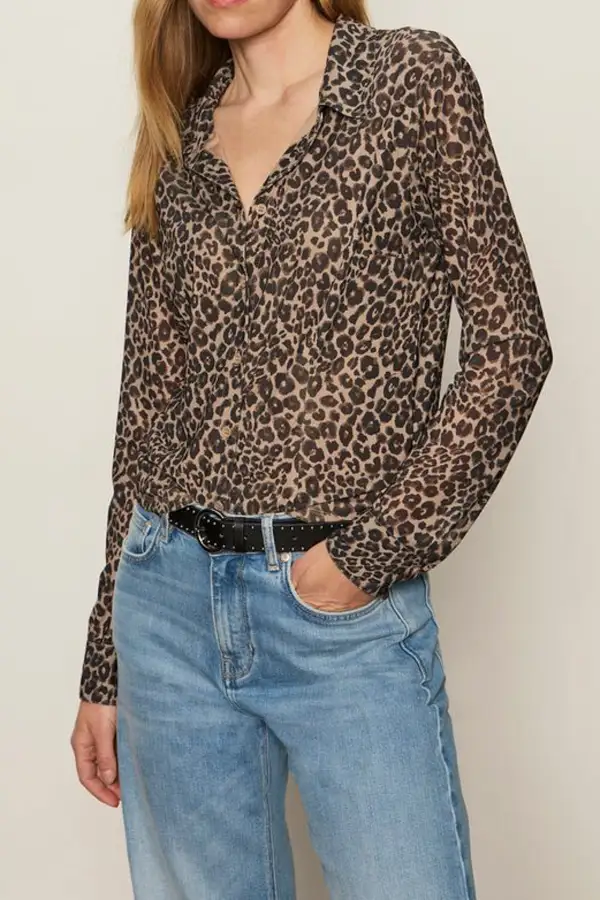 Leopard Print Mesh Button Front Collared Shirt