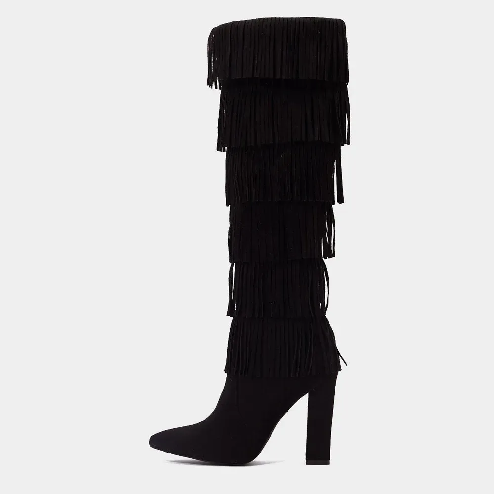 Faux-Suede Zip-Up Pointed-Toe Chunky-Heel Knee-High Boots