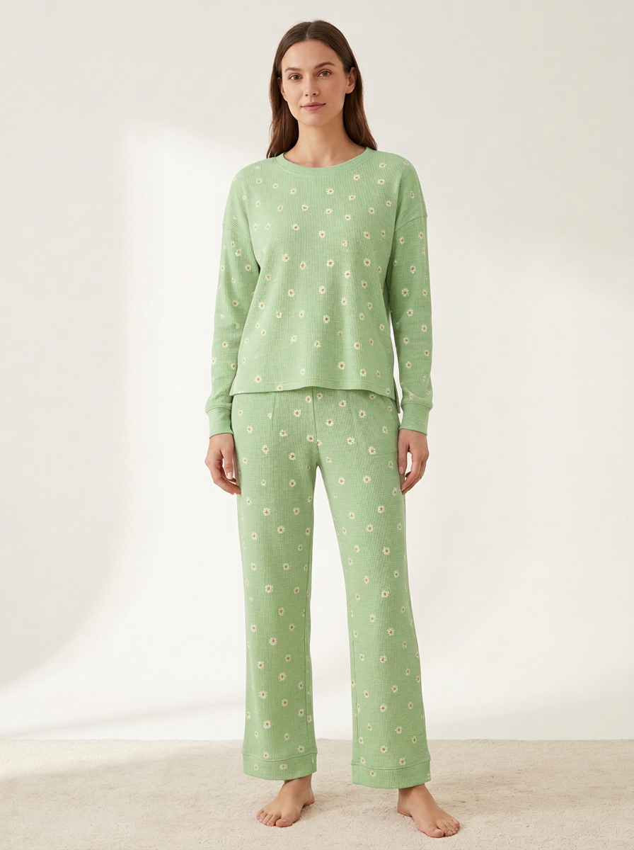 Women's Daisy Waffle-Texture Side-Vent Lounge Set