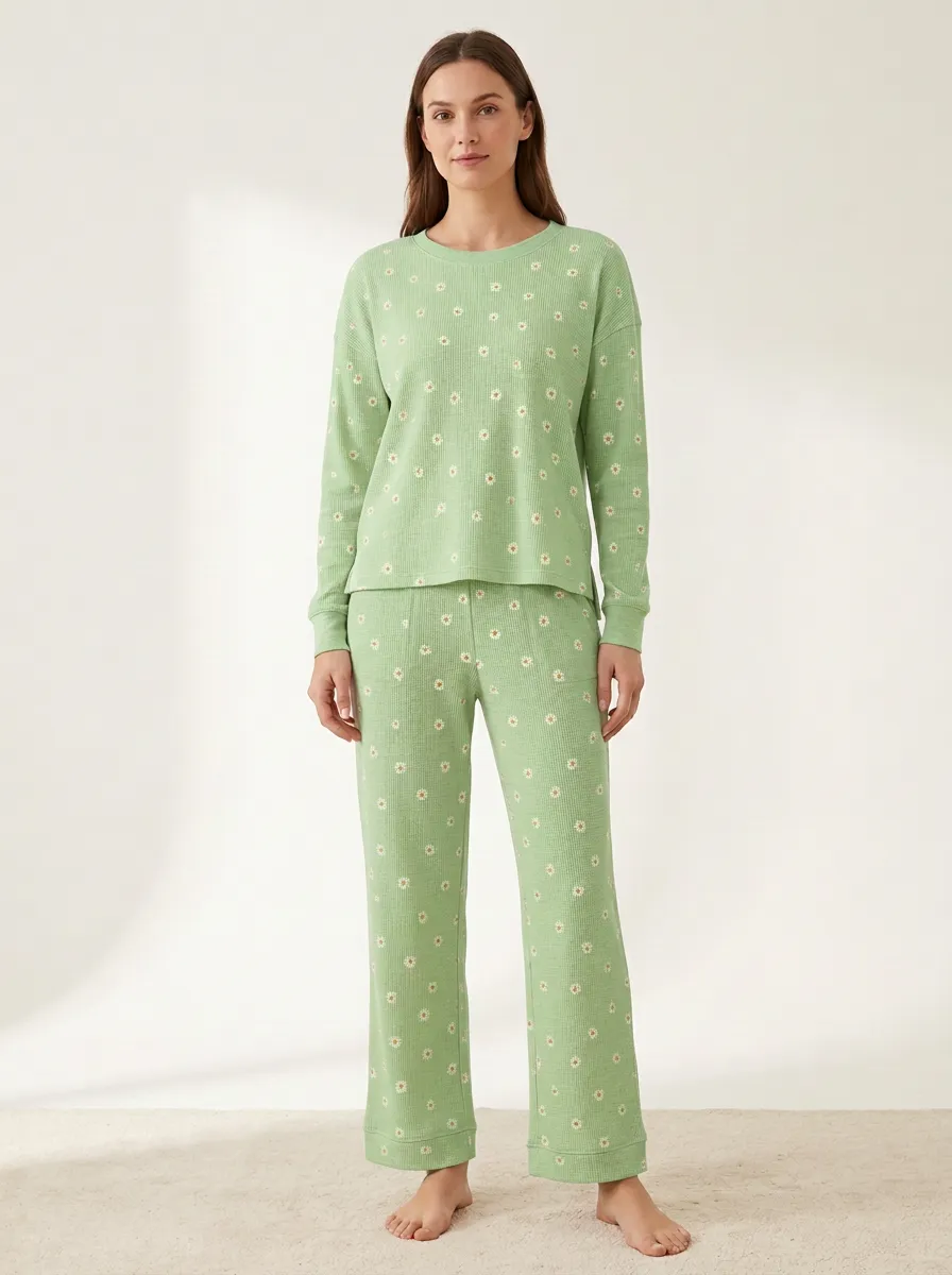Women's Daisy Waffle-Texture Side-Vent Lounge Set