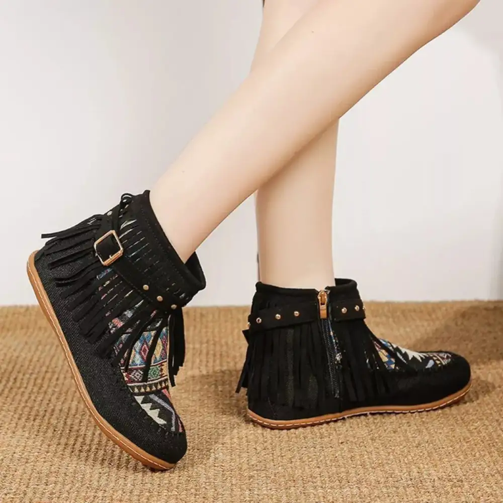 Fringe Side Zipper Ankle Boots