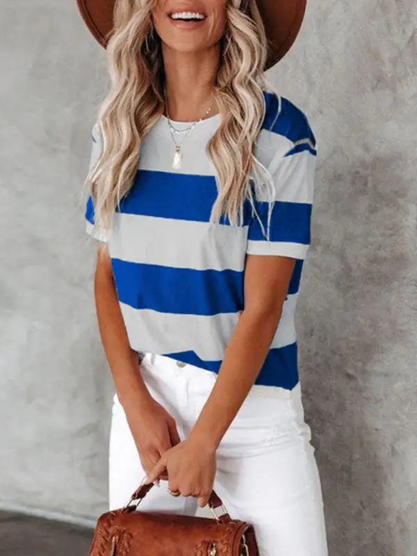 Round-Neck Short-Sleeve Knit Striped T-Shirt