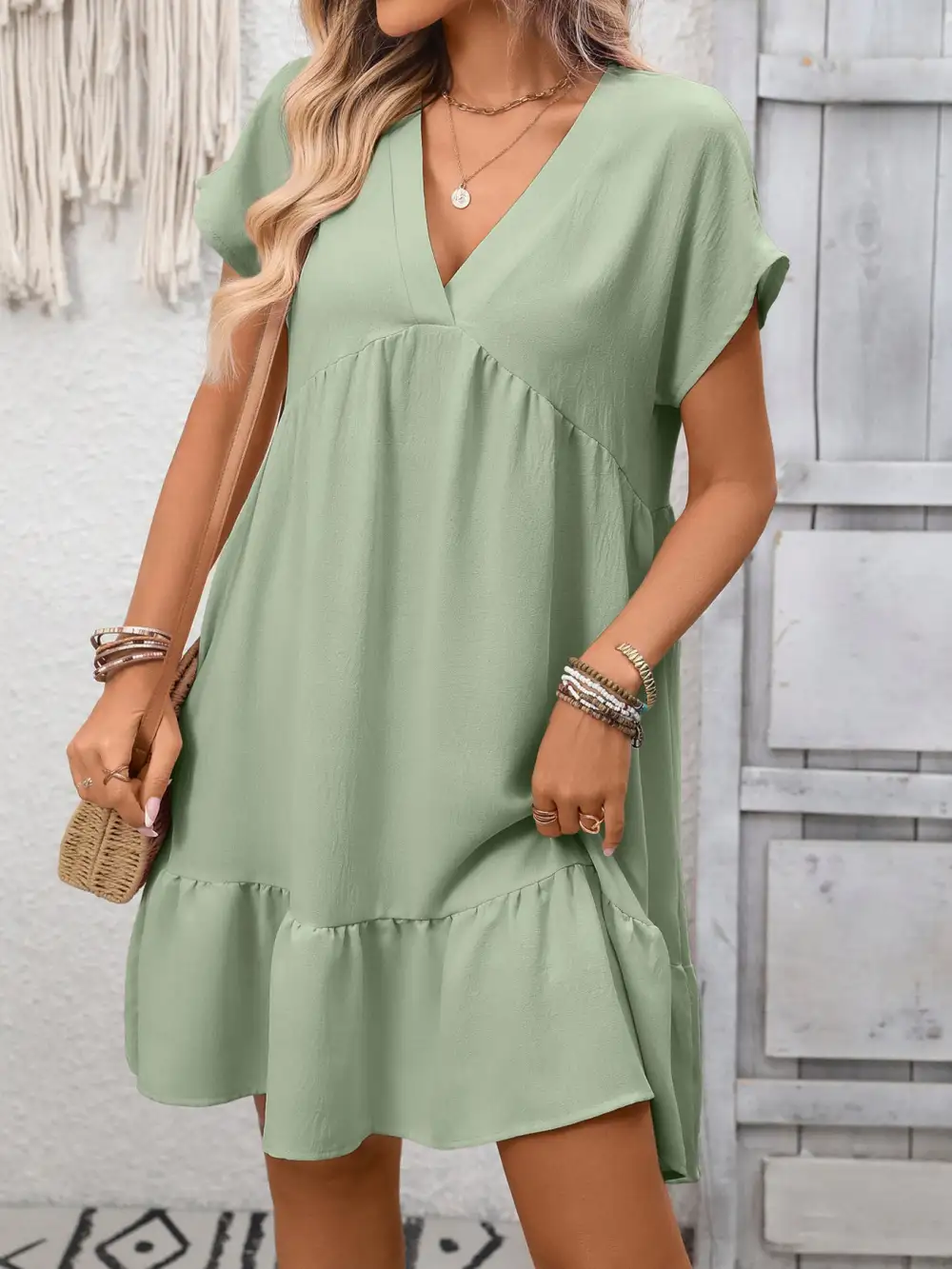 V Neck Ruffle Mini Dress