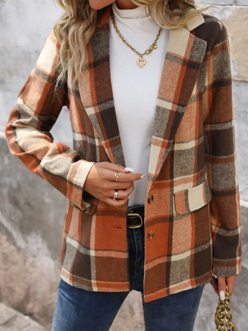 Button-Down Lapel-Collar Plaid Blazer