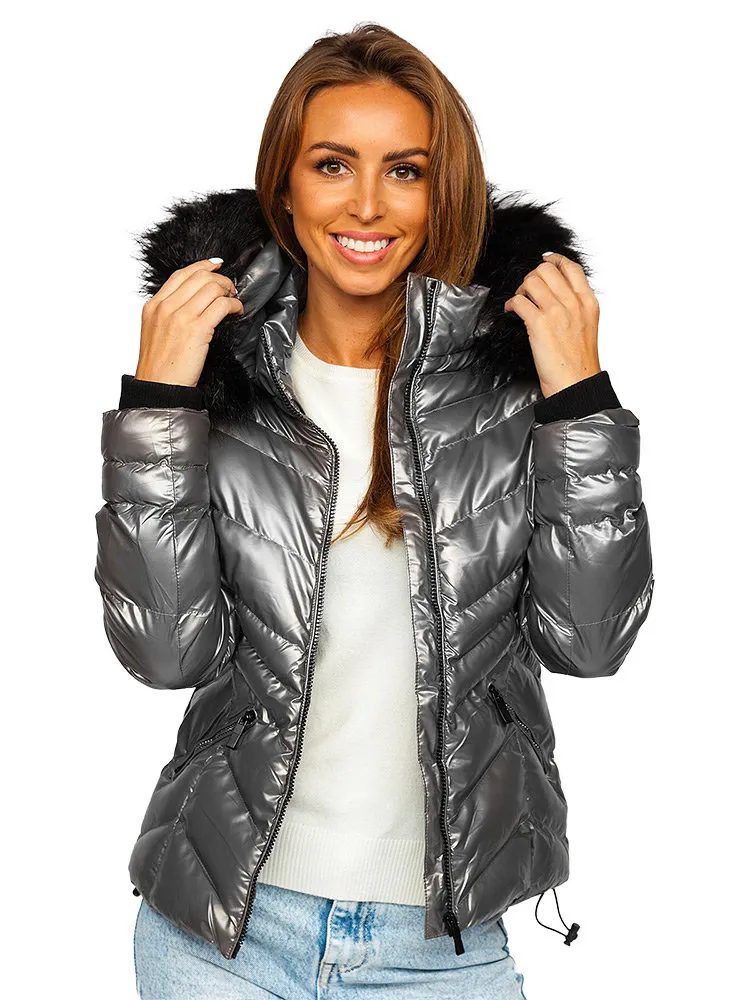 women's gray quilted winter jacket with hood