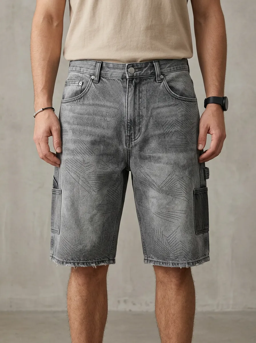 Men's Geometric Raw Hem Street Inspired Line Graphic Distressed Denim Shorts