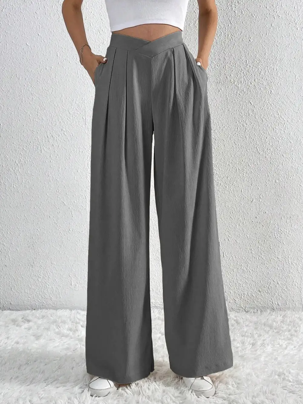 V Waisted Ruched Front Wide Leg Pants