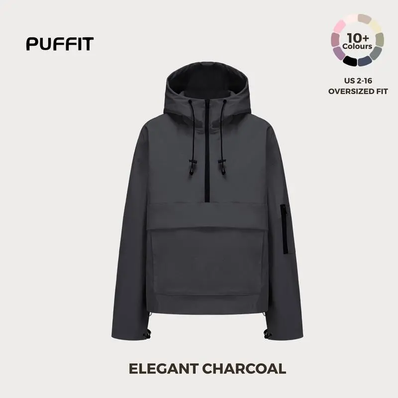 STM-TEX Waterproof Oversized Fall Hoodie Coat – Warm Half Zip Rain Jacket with Adjustable Waist, Hood & Cuffs