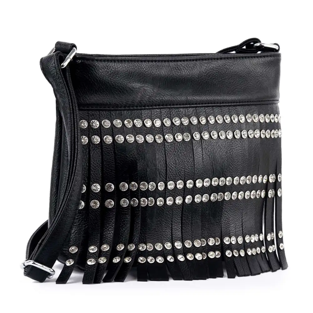 Studded Fringed Pocketed Faux Leather Shoulder Bag