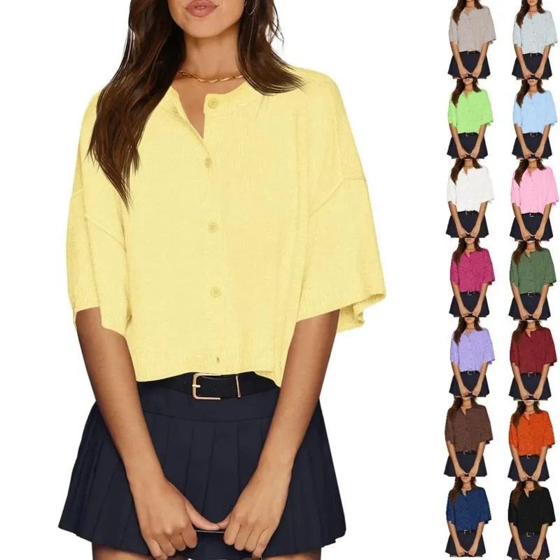 Womens Half Sleeve Cardigan Sweaters Cropped Button Down Tops Oversized Lightweight Ribbed Knit Summer Outfits