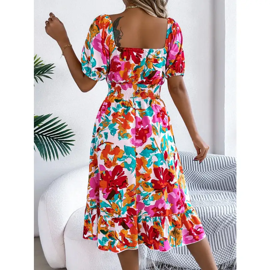 Ruffled Hem Smocked Short Sleeve Midi Dress