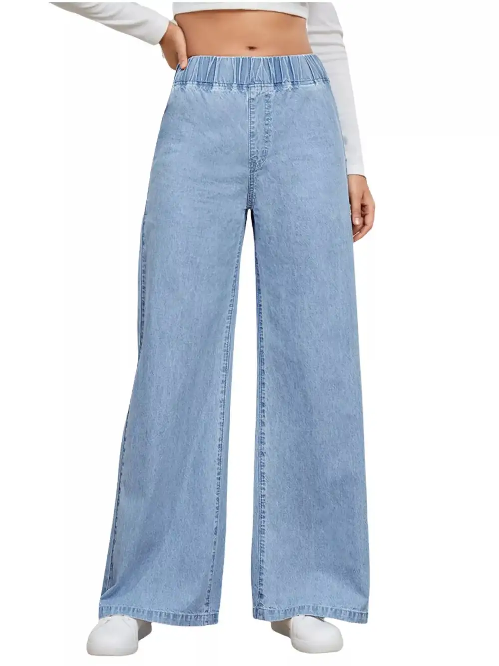 Wide Leg Elastic Waist Denim Jeans