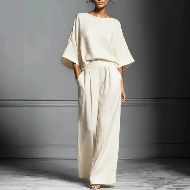 Women's Loose Fit Batwing Top And Pleated Pants Set