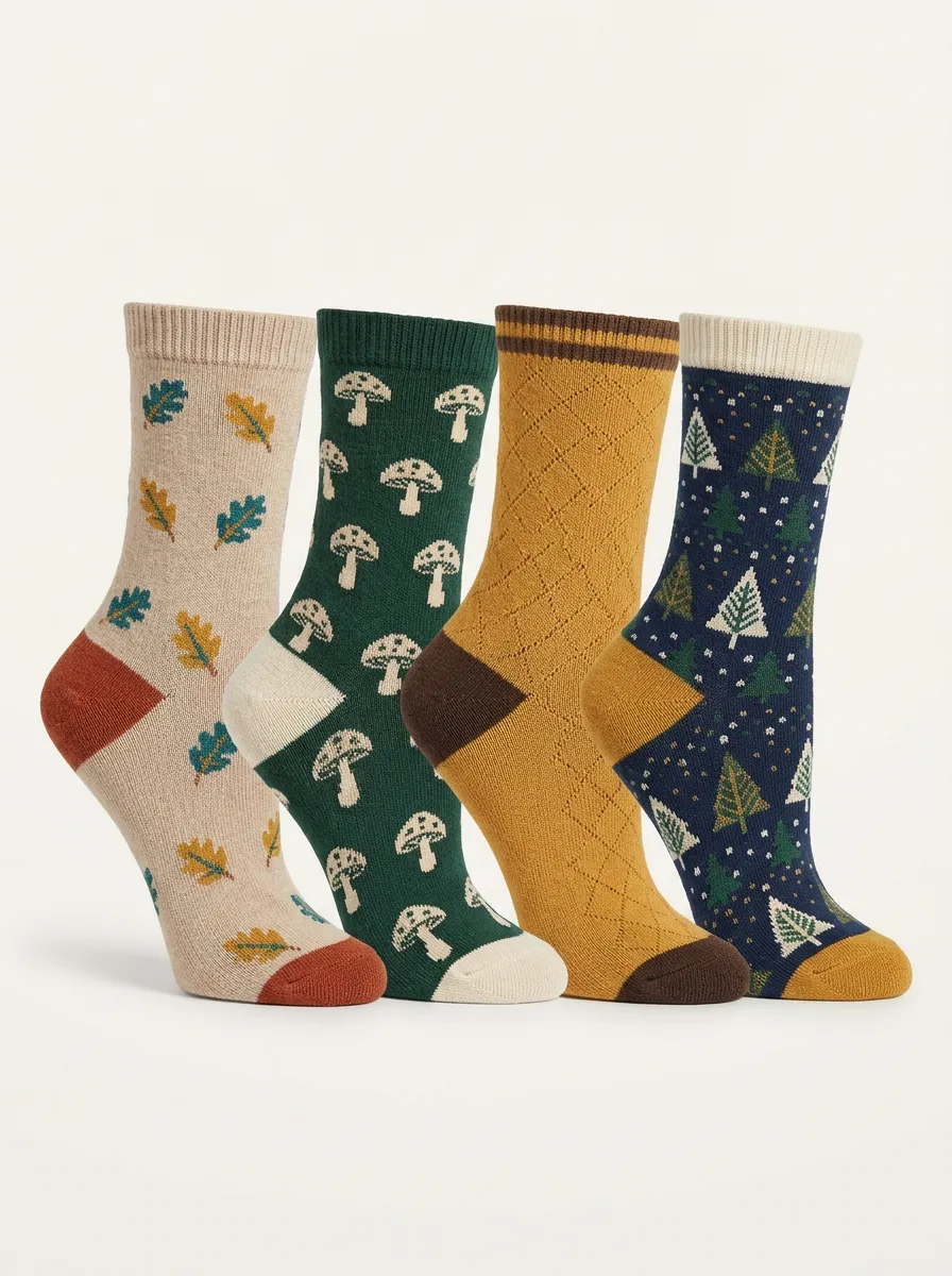 Core Leaf Printed Finish Women's Four Pair Socks