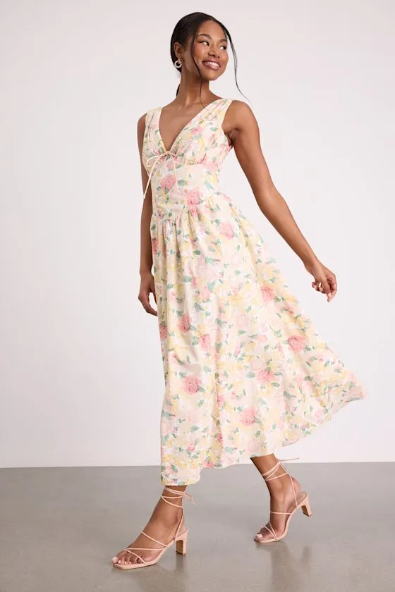 Lettie Ivory Multi Floral Poplin Plunge Neck Midi Dress