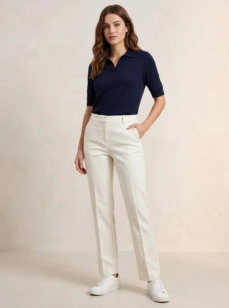 Women's Casual Office Textured White Printed Trousers