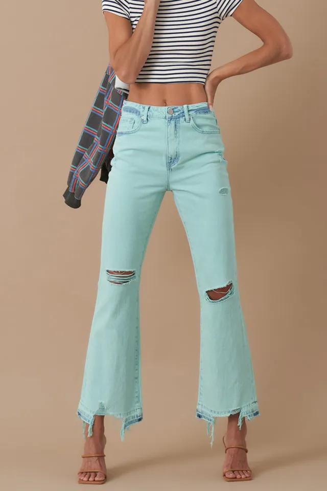 Women's High Rise Destroyed Distressed Cropped Flare Rigid Denim Jeans