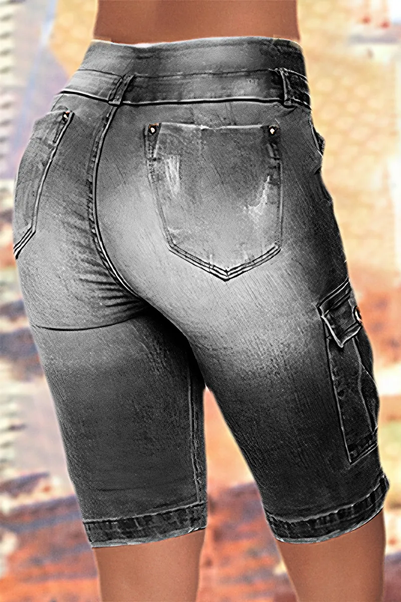 Ripped Flap Pocket Double Button Denim Shorts