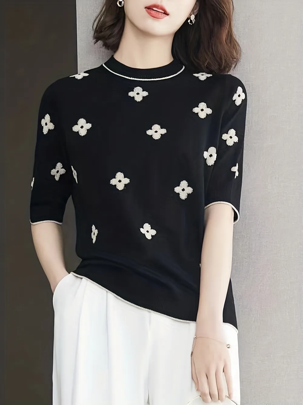 Day Floral Print Knit Sweater Casual Crew