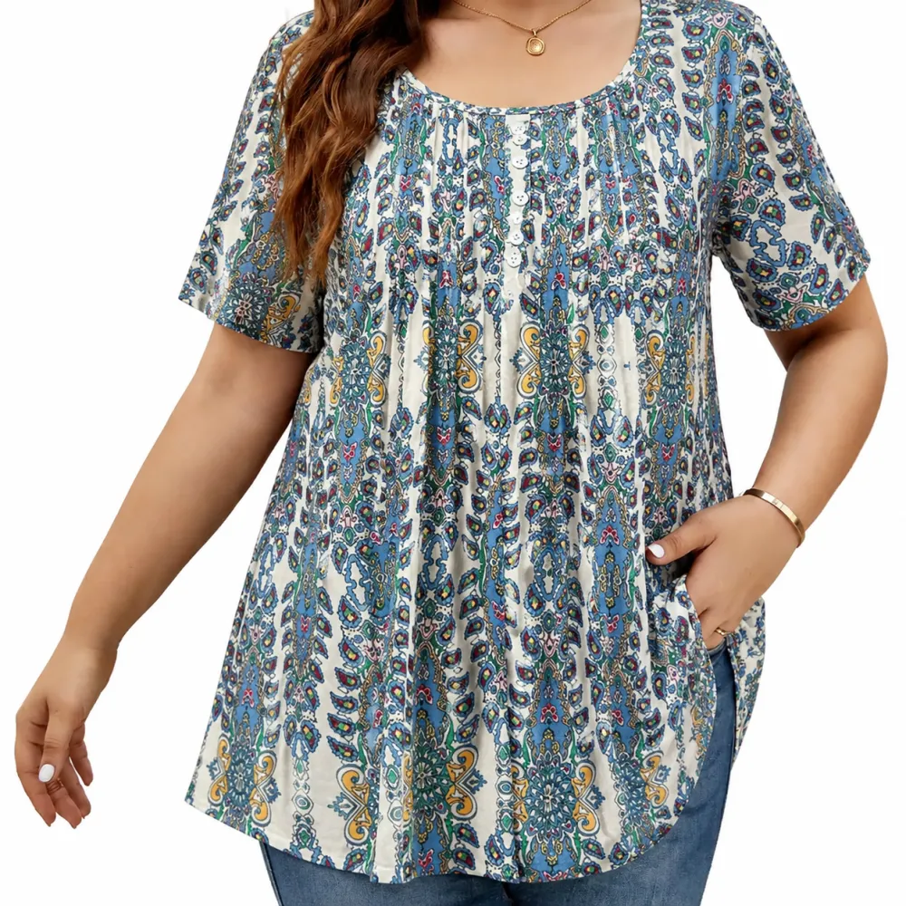 Women's Plus Size Summer Waist-Cinching Top with Round Neck and Printed Casual Short Sleeves