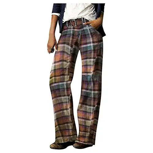 Wide Leg Denim Pants for Women, Camouflage Plaid Patchwork Print Streetwear Casual Comfort Straight Jeans Trouser
