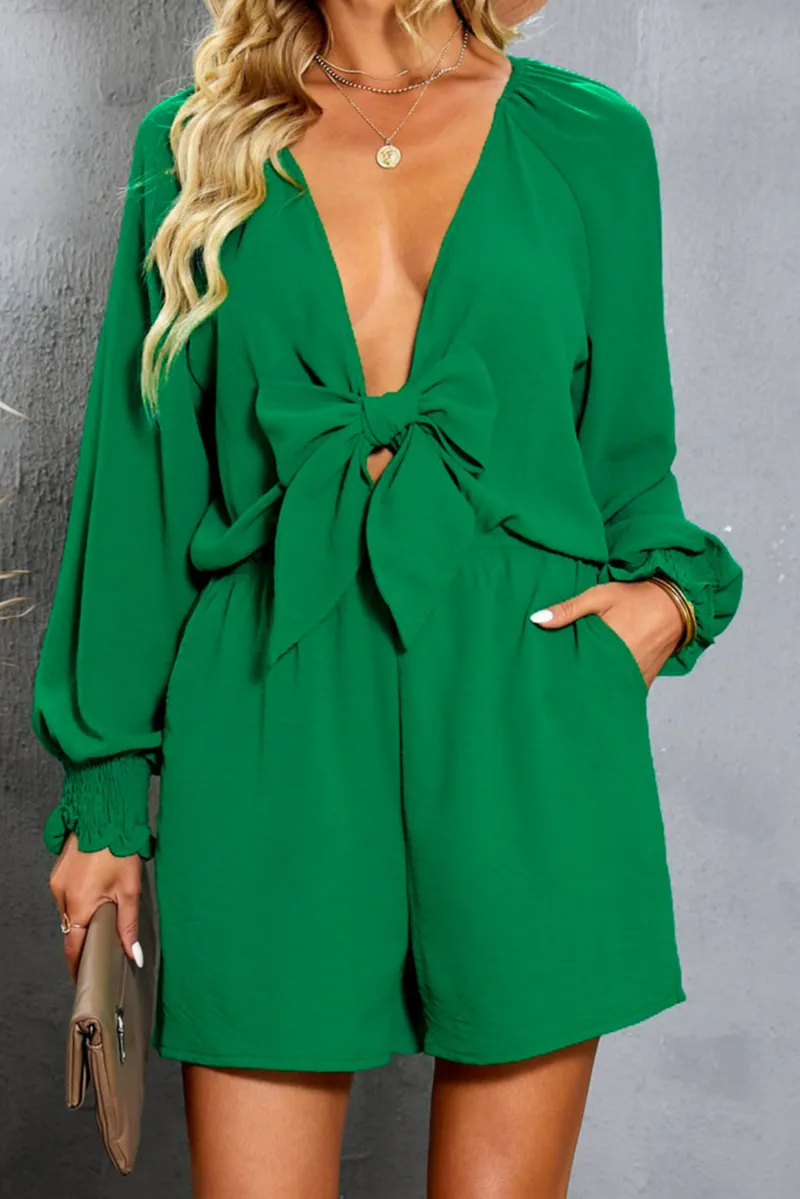 Tied Flounce Sleeve Plunge Romper