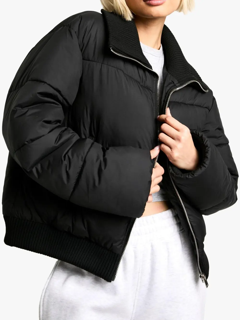 BLACK RIB DETAIL PUFFER JACKET