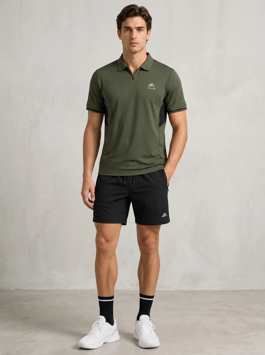 Men's Athletic Training Olive Polo Shirt and Black Shorts Set