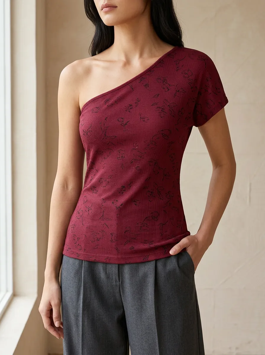 Women's Relaxed Floral Line Art Printed Off-Shoulder Top
