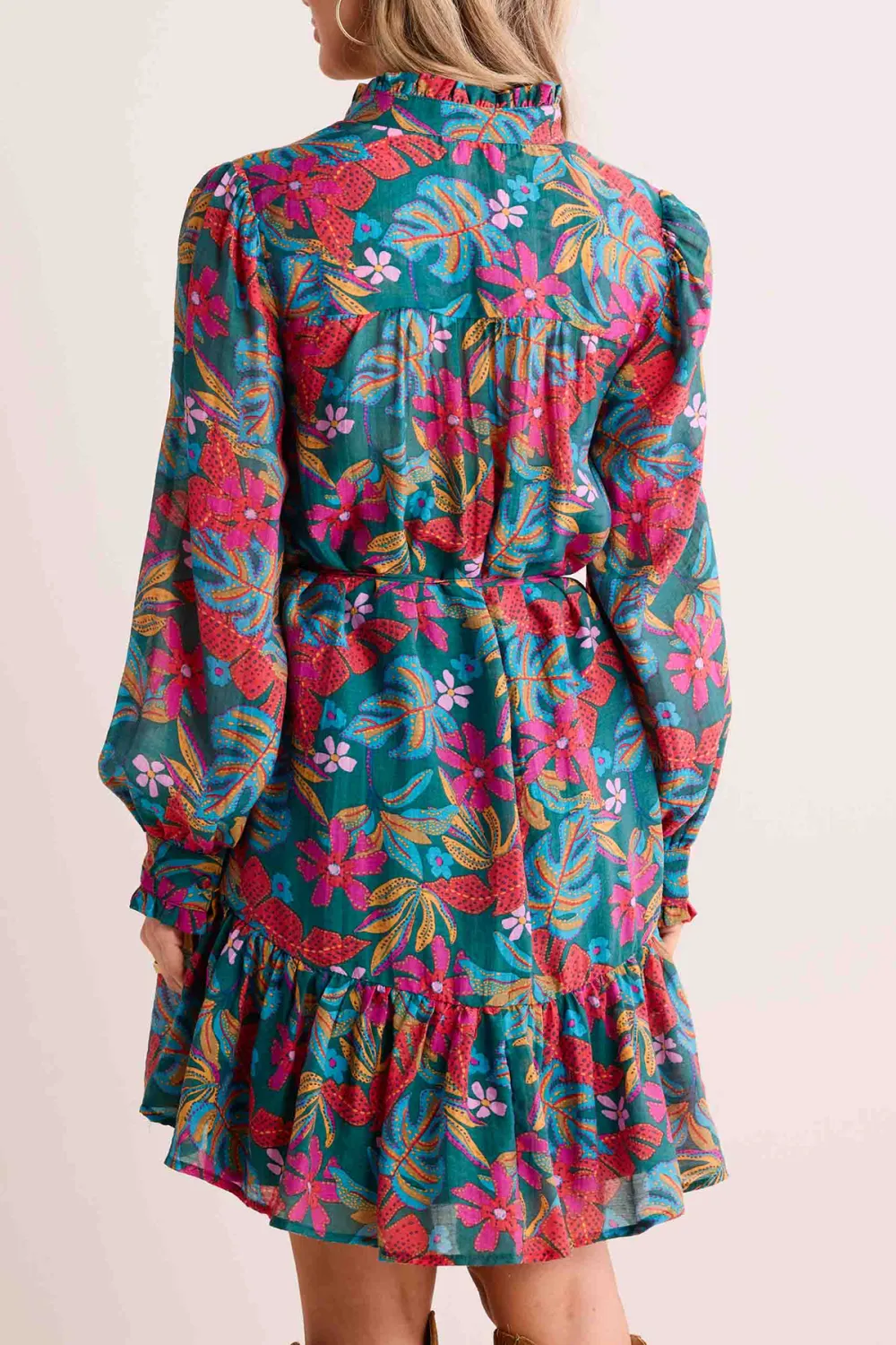 Multicolored Print Puff Sleeve Drawstring Dress