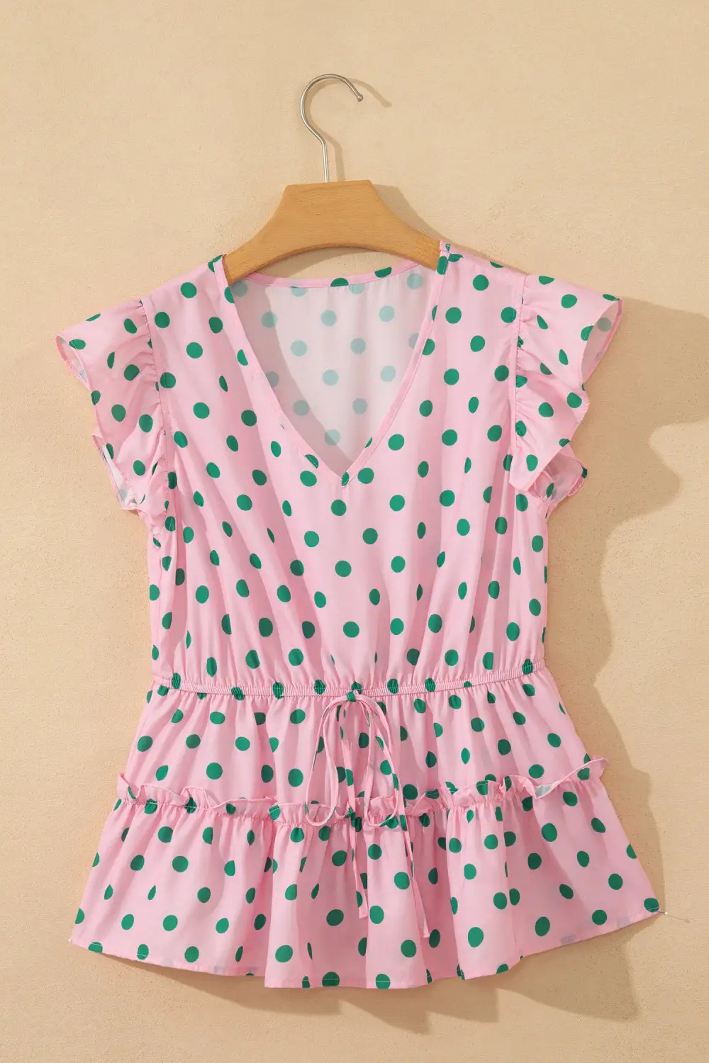 Ruffled V-Neck Dot Print Blouse