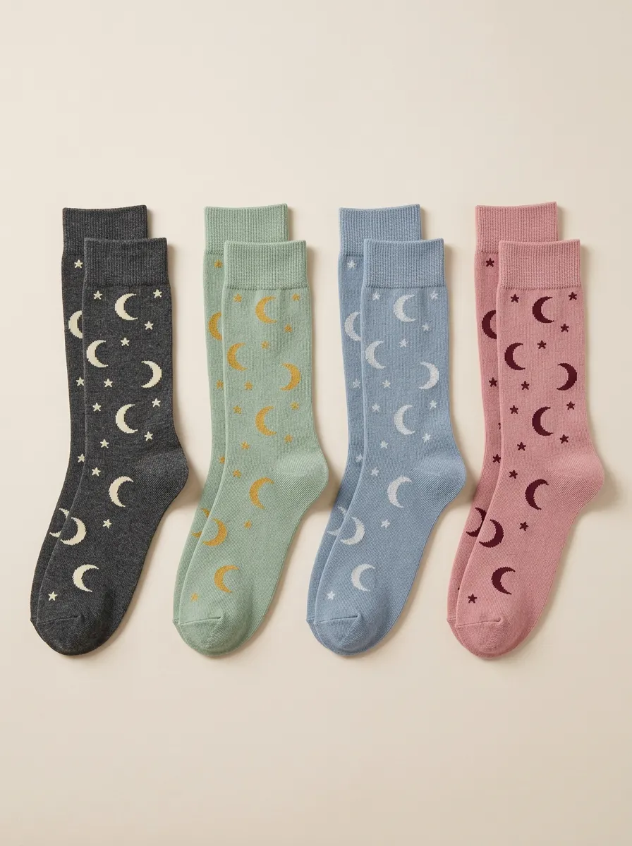 Women's Moon And Star Crew Socks Four Pair Set
