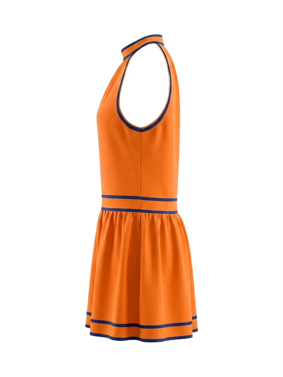 A Line Sleeveless Contrast Color Pocket Zipper Halter Neck Mini Dress