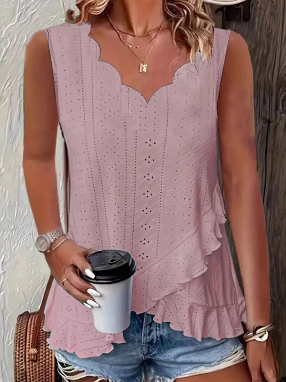 V-Neck Eyelet Ruffled Tank Top